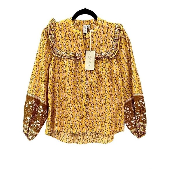 JOIE Prairie Ruffles Trim Peasant Bohemian Long Sleeves Top 100% Cotton Size S/P - Picture 1 of 9